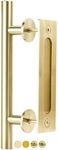 Rio Salto 12-Inch Brushed Brass Gold Barn Door Handle Kit, Closet Door Handle Stainless Steel, Pull Handle and Flush Handle Set, Heavy Duty Large Sliding Door Handles Hardware Included (1-Door Pack)