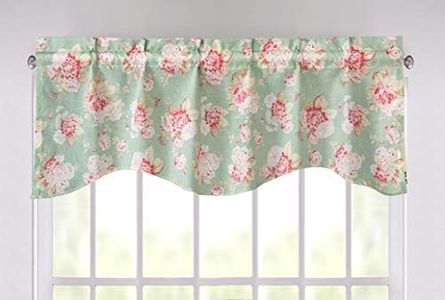 DaDa Bedding Hint of Mint Floral Garden Window Curtain Valance - Semi Sheer Natural Lighting Botanical Scalloped Tailored Edge - Dainty Light Pastel Seafoam Green Pink Roses Kitchen Decor - 18" x 52"