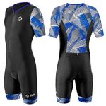 SLS3 Triathlon Suits Mens - Aerodynamic Sleeved Mens Tri Suit - Men Triathlon PRO FX Fabrics - Premium Mens Triathlon Suit - Lightweight Trisuit Triathlon Men, 2 Pockets (Black/Blue Geo, Large)