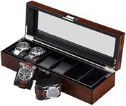 BEWISHOME Wooden Watch Box for Men - Luxury Watch Case, Real Glass Top, Smooth Faux Leather Interior, 6 Slot Watch Organizer,Brown SSH06Y