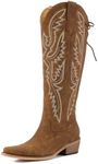 Cowboy Boots for Women Knee High CowgirlBoots Adjustable Lace Up Side Zipper Embroidered Boots Slip On Pointed Toe Chunky Heel Western Boot.（Brown,7 US）