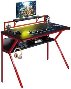 Neo Ergonomic 2 Tier Gaming Gamer Racing Computer Office Desk Table with Headphone Hook Monitor Stand & Shelf (Red)