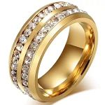 LEEYA NL10 Mens Womens 8MM Titanium Stainless Steel High Polished 18K Gold Plated Channel Set Cubic Zirconia CZ Promise Engagement Band Unisex Gold Wedding Ring Comfort Fit, Size 6-13 (11, Gold)