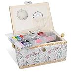 Navaris Sewing Box with Accessories - Sew Basket with Organizer Tray Compartments 9.7" x 6.9" x 4.9" - Includes 76 Piece Kit - Bird Print