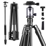 Compact Aluminum Camera Tripod 62", DSLR Tripod Lightweight with 360 Degree Ball Head, Detachable Monopod & Cell Phone Tripod for Travel, Quick Release Plate for Video Camera Camcorder