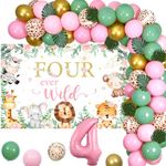 Jollyboom Four Ever Wild Birthday Decorations, Pink Safari Birthday Backdrop for 4th Girls, Pink Sage Green and Gold Balloon Arch Forest Animal Number 4 Balloons for Jungle Theme 4th Birthday Party