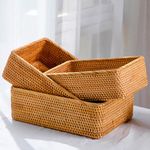 ZENFUN 3 Pack Rectangular Rattan Storage Baskets, Bulk Shallow Wicker Baskets for Decor, Handmade Woven Nesting Bread Baskets for Organizing, Serving, for Kitchen, Home, 3 Sizes