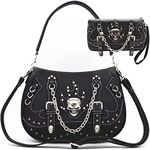 Punk Gothic Rock Metallic Skull Chain Purse Skeleton Leather Shoulder Bag Crossbody Bag Satchel Women Handbag Wallet Set, Black Set, One Size