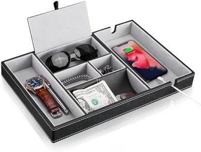 Mens Valet Box, Jewelry Storage Box for Men and Women, Leather Nightstand Organizer Box with 6 Compartments for Keys, Phone, Wallet, Coin, Jewelry (1 layer, black)