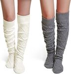 Thigh High Socks for Women Cable Knit Over the Knee Boot Socks, Long Warm Leg Warmers Winter, 2pcs-white&gray, Medium