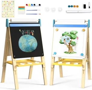 12 in 1 Premium Kids Easel with Chalkboard & Magnetic Whiteboard - Height Adjustable, Frameless Design, Includes Paints, Brushes, Markers, Chalk, Eraser, Magnetic Letters, Paper Roll, and Storage Tray