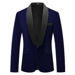 Mens Velvet Blazer Slim Fit Tuxedo Suits Jacket Shawl Collar Solid Jacket Wedding Dinner Prom One Button Blazer Jacket, Navy Blue, Medium