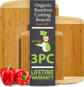 Organic Bamboo Cutting Board Set of 3 with Lifetime Replacements - Wood Cutting Board Set with Juice Groove - Wooden Chopping board Set for Kitchen, Meat and Cheese