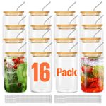 [16Pcs Set] Glass Cups with Bamboo Lids and Straws,16Oz Glass Water Bottles Glass Jars Cups Drinking Glasses, Beer Glasses Ice Coffee Glasses for Juicing Coffee Soda Tea