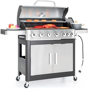 Captiva Designs 6-Burners Propane Gas BBQ Grill with Side Burner & Porcelain-Enameled Cast Iron Grate for Outdoor Kitchen & Backyard Barbecue, 65,800 BTU Output,665 SQ.IN. Cooking Area,Stainless Steel