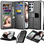 Njjex Wallet Case for Galaxy S21 Ultra 5G - 9 Card Slots, PU Leather, Detachable Kickstand, Magnetic Cover & Lanyard, Black