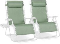 Best Choice Products Set of 2 Extra Wide Adjustable Steel Mesh Zero Gravity Lounge Chair Recliners w/Pillows and Cup Holder Trays - Sage Green/White