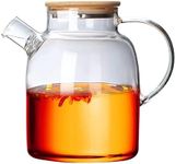 Glass Teapot, Stovetop & Microwave Safe Glass Borosilicate Teapot, Glass Teapot with Strainer, Glass Pot with Wooden Lid, Loose Leaf and Fruit Tea and Fragrant Tea,60.8oz/1800ml (Wooden Lid)