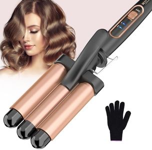 Hair Waver Hair crimpers for Women- 3 Barrels Hair Curler with Adjustable Temperature， Ceramic Waver Mermaid Hair Culer for Long Hair and Short Hair， Dual Voltage