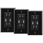 ELECTECK 3 Pack USB Wall Outlets, 4.8A Ultra Slim USB Receptacle with High Speed USB Quick Charging Ports, 15 Amp Tamper Resistant Receptacle, Self-Grounding, Wall Plate Included, UL Listed, Black