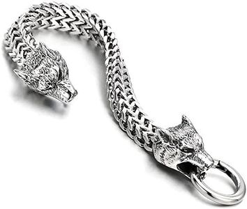 COOLSTEELANDBEYOND Biker Acero Brazalete del Lobo Cabeza, Enlace Franco, Cadena Barbada, Pulsera de Hombre, con Cierre Mosquetón