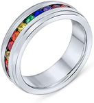 Personalize Unisex Colorful Couples CZ Rainbow LGBTQ Eternity Ring Wedding Band Ring Men Women Silver Tone Stainless Steel 8MM Customizable