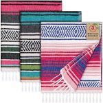 Oudain Mexican Blankets and Throws 45 x 70 Inch, Cotton Outdoor Camping Blanket Woven Serape Yoga Blanket Fiesta Picnic Beach Blankets(Classic Color, 3 Pack)