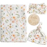 LifeTree Newborn Swaddle Set with Matching Hat and Bow, Wooden Birth Announcement Card, Baby Girl Newborn Receiving Blanket Baby Swaddle Floral Motif Nursery Swaddle Wrap