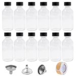 12 Pack 2 oz Clear Glass Bottles with Lids & 3 Stainless Steel Funnels,60ml Small Boston Round Sample Bottles for Potion, Juice, Ginger Shots, Oils, Whiskey, Liquids - Mini Travel Bottles,NO Leakage