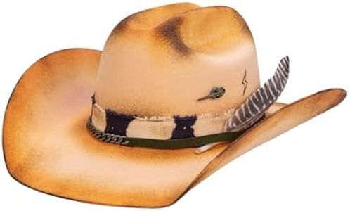 Vintage Wide Brim Cowboy Hats 100% Wool Stiff Felt Hat Western Outback Panama Hat with Lightning Logo Distressed/Burned