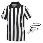 FitsT4 Kids Referee Shirt, Official Black & White Stripe Short Sleeve Umpire Jersey Costume with Whistle Pro Ref Uniform for Soccer Basketball Football Zipper Collar S