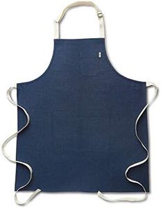 Solino Home Linen Kitchen Apron for Men & Women - 100% Pure Linen Indigo/Ivory Bib Apron with Front Pockets - Handcrafted from European Flax