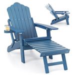 Giantex Folding Adirondack Chair, All-Weather Lounge Chair with Adjustable Backrest, Retractable Ottoman, Cup Holder, HIPS Fire Pit Chair for Lawn, Pool, Patio, Porch (1, Navy)