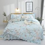 FADFAY Farmhouse Floral Bedding Shabby Blue Bird Print French Countryside Chic Bedding Set Luxury Bedskirt Collections 800 Thread Count 100% Egyptian Cotton, 4 Piece-King Size