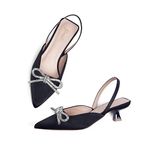 GENSHUO Slingback Rhinestone Bow Heels for Women Closed Pointed Toe Kitten Pumps Slip On Stilettos Wedding Bride Dress Shoes Satin Black Size 6