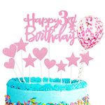 Zayin Personalised Happy 3th Birthday Cake Topper Set,Happy Birthday Sign for Cake,11p Glitter Balloon Stars Heart Cupcake Topper 3th Birthday Cake Party Decoration(3 year old, Pink)