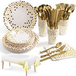 Nkaiso141Pcs White Gold Party Tableware, Party Paper Plates and Cutlery Set Includes Plates Cups Dinnerware Napkins, for Birthday Wedding Babyshower Decorations Supplies-20 Guests