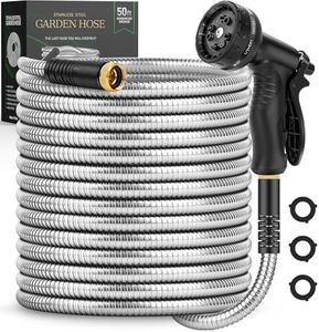 Garden Hose 50 FT, Metal Stainless Steel Water Hose with 10 Function Nozzles, No Kinks, Flexible Hose, Lightweight, Puncture Proof, Heavy Duty Hose for Yard and Outdoor