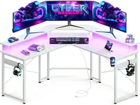 ODK L Shaped Gaming Desk with LED Lights & Power Outlets, 51" Computer Desk with Full Monitor Stand, Corner Desk with Cup Holder, Gaming Table with Hooks, White Carbon Fiber