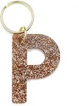 Lucky Feather Letter P Keychain Accessories for Women, Gold Glitter Initial Key Ring