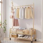 Lukzer 2-Bottom Cloth Stand & Garment Rack: Metal Coat Organizer with Wheels for Hanging Clothes and Bags, Multi-Functional Storage Solution with Single Rod and Mesh Design (173 x 90 x 34 cm/Gold)