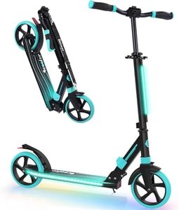 BELEEV V8 Scooters for Kids Ages 6+ with Light-Up Stem & Deck, 2 Wheel Folding Scooter for Adults Teens, 4 Adjustable Height, Lightweight Sport Commuter Scooter, Max Load 220 lbs (Aqua)