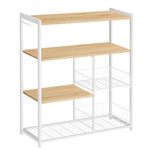 VASAGLE Baker’s Rack, Kitchen Island with 2 Metal Mesh Baskets, Shelves and Hooks, 80 x 35 x 95 cm, Industrial Style, Oak Beige and White KKS096W09