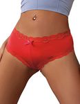 ohmydear High Leg Seamless Knickers for Women Satin Panties Lace Waistband Full Bikini Briefs Stretch Underwear Breathable Plus Size Maxi Briefs Red UK 16-18