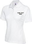 Personalised Embroidered Your Text Ladies Classic Polo Shirt Casual Workwear Partywear Adult Women Gift Top (White, L, l)