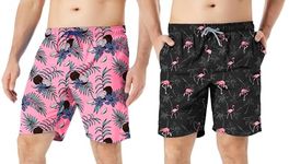 TEX2FIT 2-Pack Men's Swim Shorts with Pockets, Quick Dry Swim Trunks with Mesh Lining (Flamingoes/Pink Coconuts, Medium)