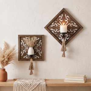 Boho Wood Wall Decor Candle Holder Set of 2, 11.8x11.8 Inch