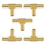 1/4" Barb Tee, Brass Hose Barbed T Union Fitting, Hose ID 1/4" Barb x 1/4" Barb x 1/4" Barb, Pack of 5