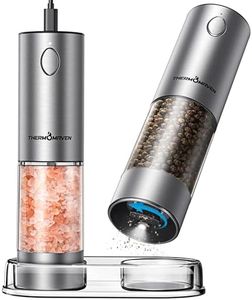 ThermoMaven Electric Salt and Pepper Grinder Set, 2.5 Oz Larger Rechargeable Automatic Salt and Pepper Mill Grinder with 6 Adjustable Coarseness, Electric Salt and Pepper Shakers, LED, 2 Packs, Silver