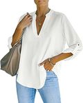 AISEW Womens Casual V Neck Shirts Cuffed Sleeves Chiffon Blouses Loose Solid Henley Work Tops (1169White, M)